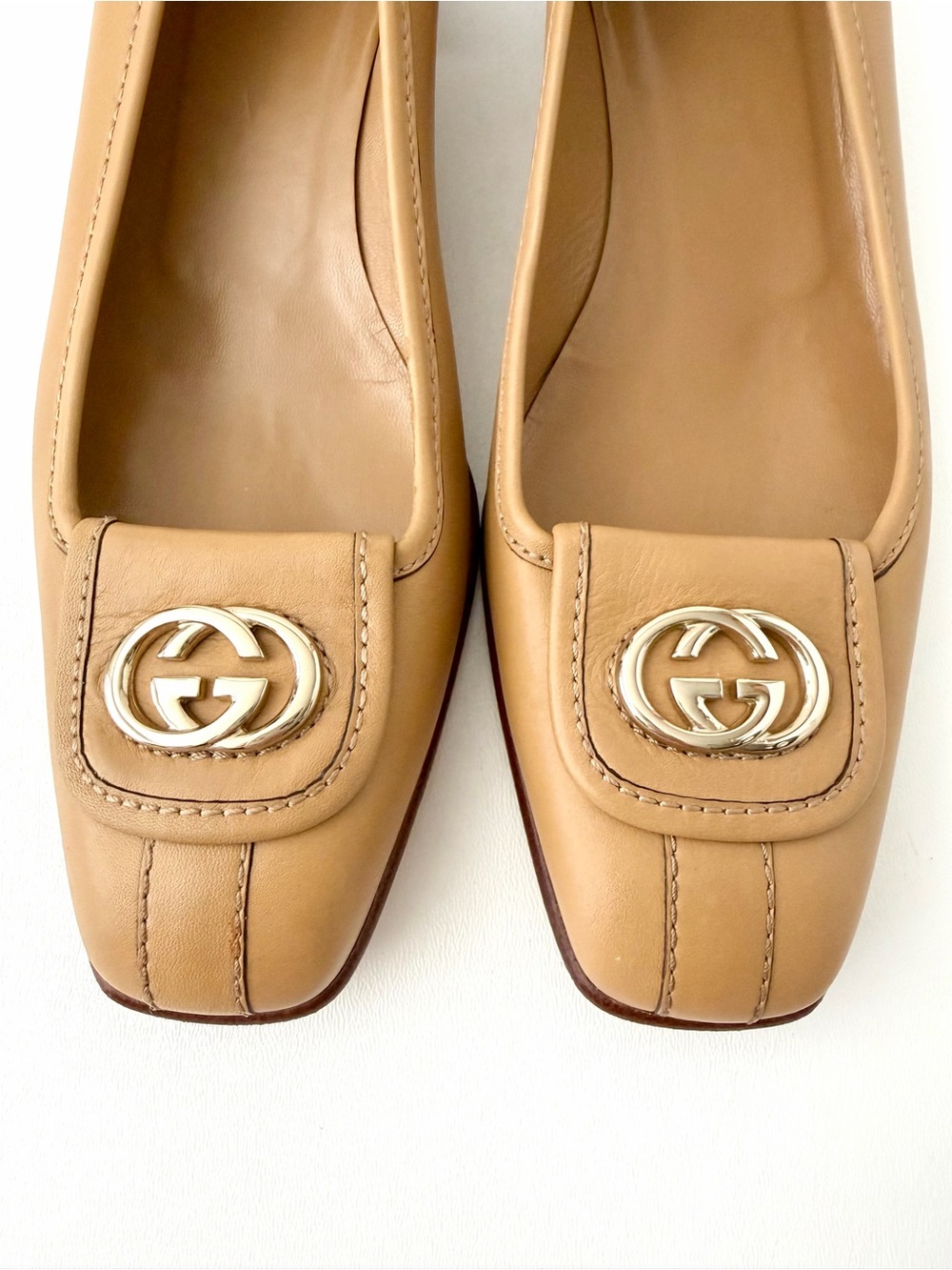 GUCCI | Tan Leather Interlocking GG Square Toe Block Heel Pumps EU 39C - Picture 3 of 12
